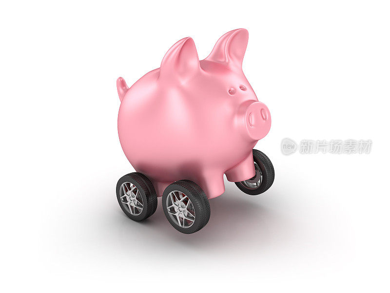 汽车轮胎与小猪银行- 3D渲染